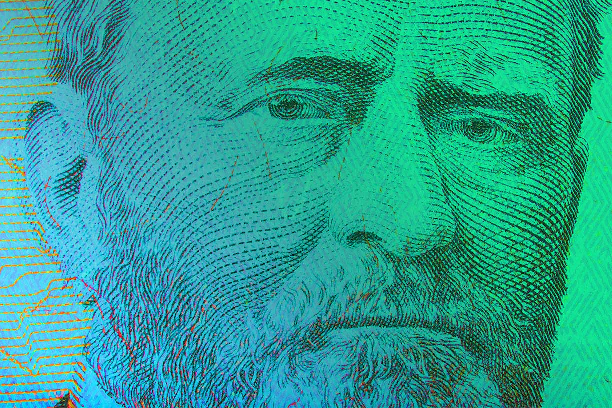 colorized macro image of Grant on currency