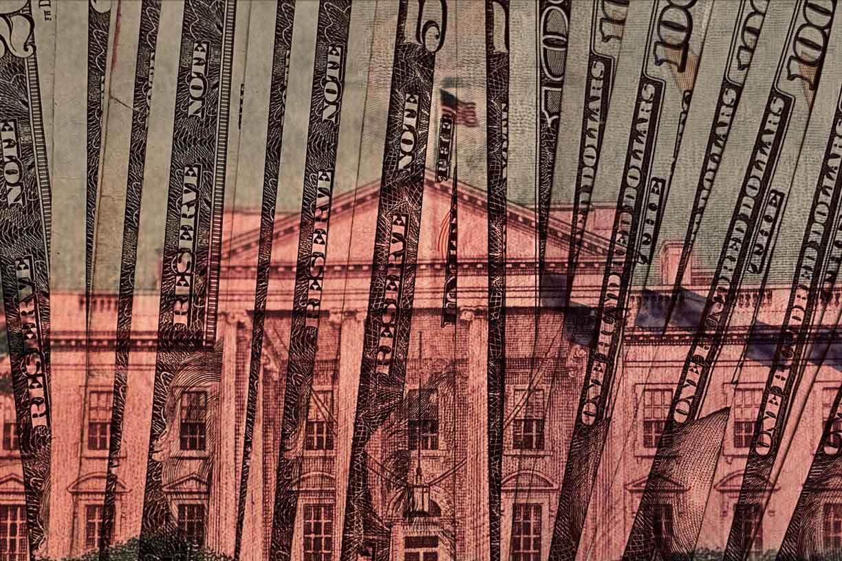 Red-colorized White House with strips of US currency overlaid