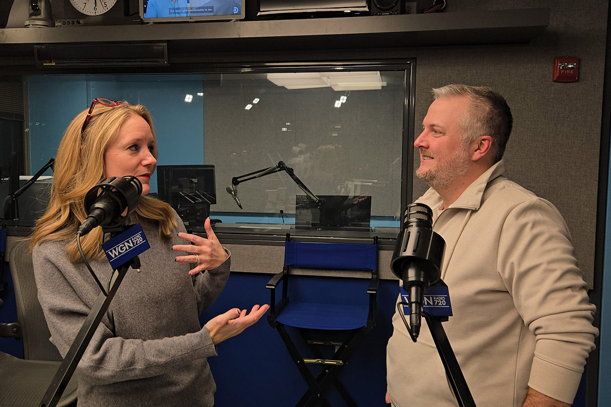 Tiffany Irving and Jon Hansen recording podcast at WGN Radio studio