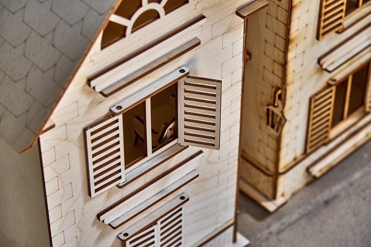 Wooden toy house close up