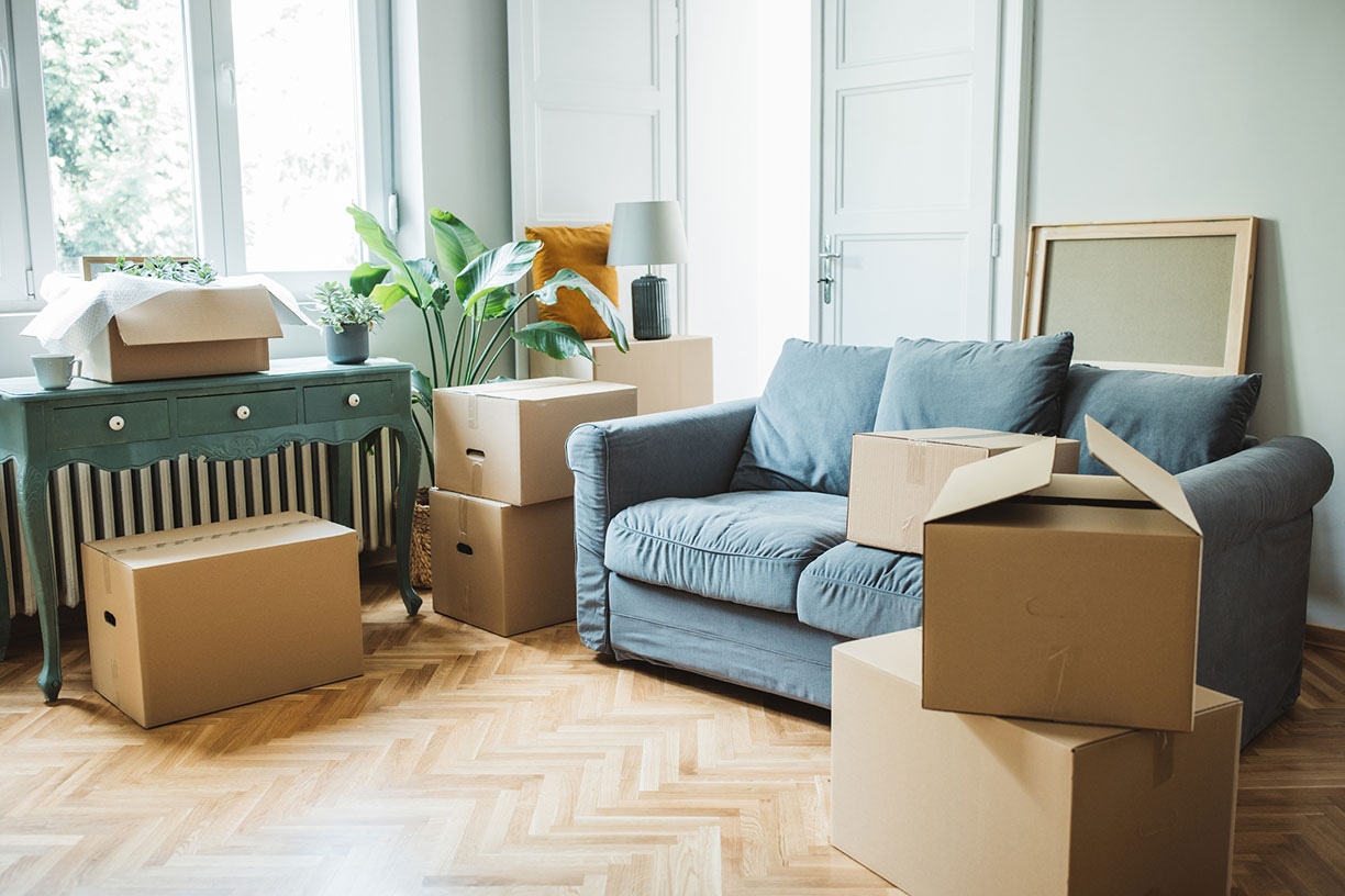 Couch and boxes