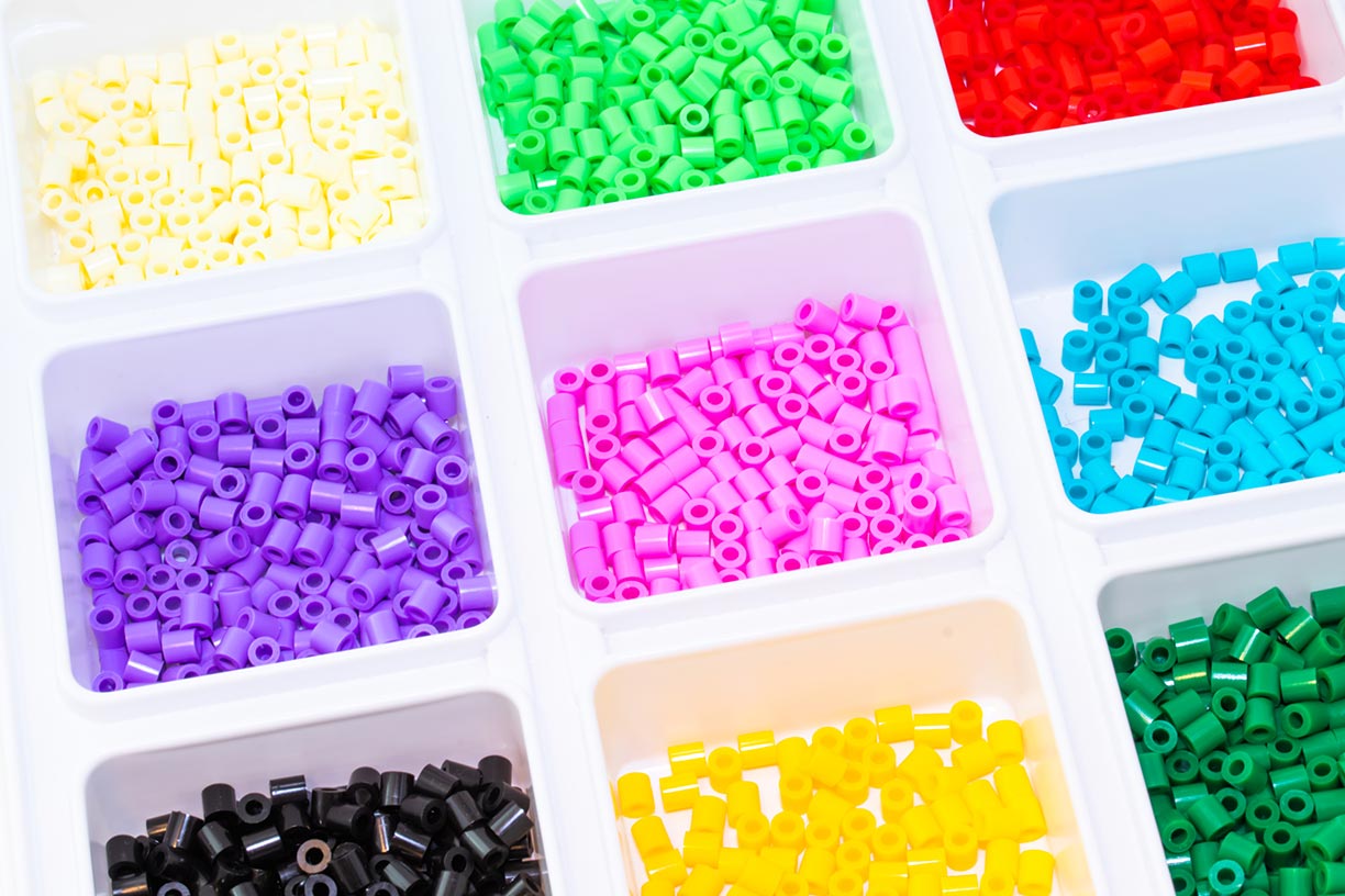 Plastic pieces sorted by color