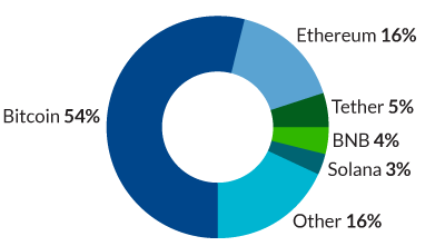 Pie chart shows the top five cryptocurrencies. Bitcoin is #1 with 54% of the market share, Ethereum is #2 with 16% of the market share, Tether is third with 5%, followed by BNB with 4% then Solana with 3% of market share. All other cryptocurrencies make up 18% of the market.